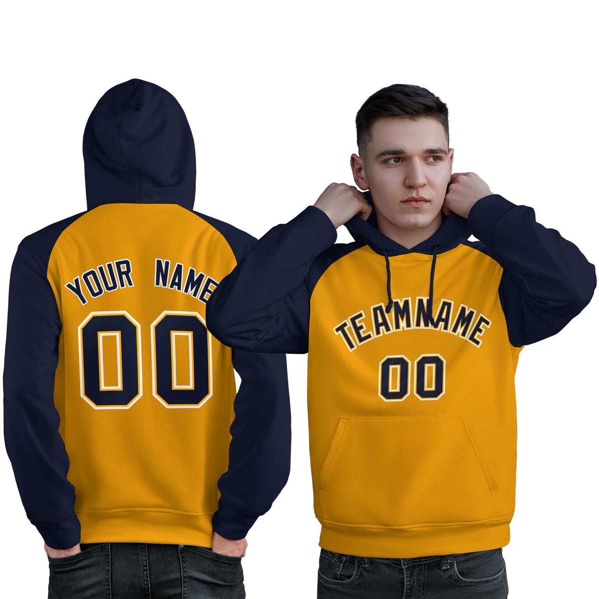 Custom Stitched Gold Navy Raglan Sleeves Sports Pullover Sweatshirt Hoodie For Men| KXKSHOP