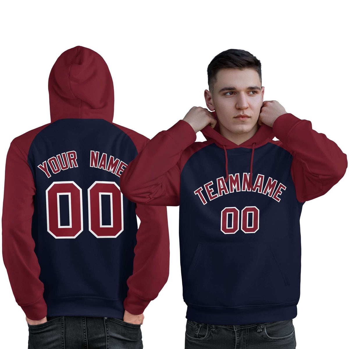 Custom Stitched Navy Crimson Raglan Sleeves Sports Pullover Sweatshirt Hoodie For Men| KXKSHOP