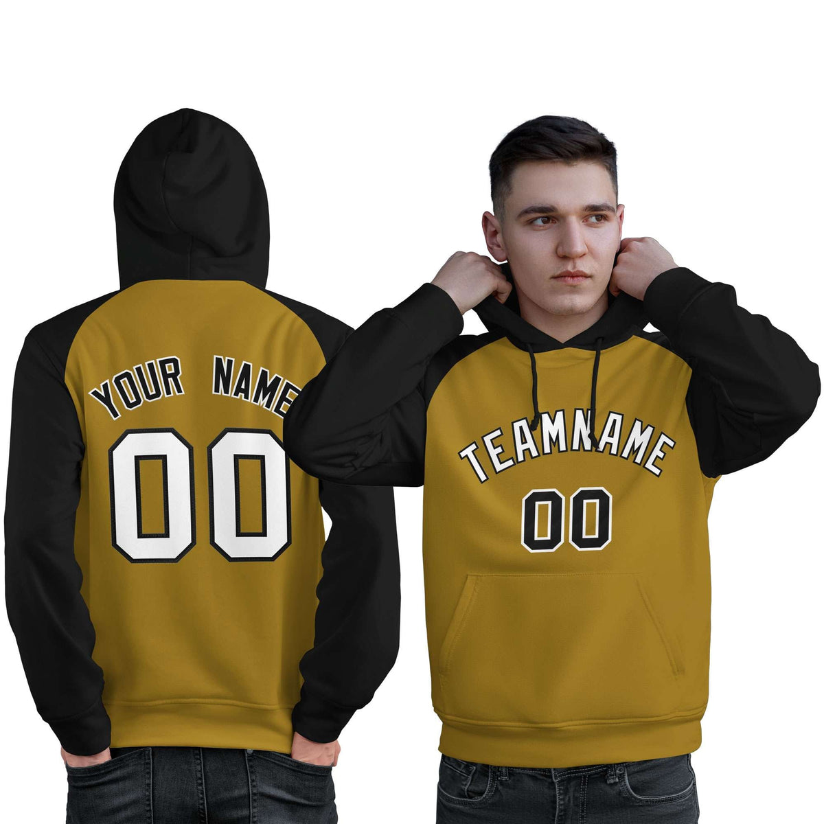 Custom Stitched Old Gold Black-White Raglan Sleeves Sports Pullover Sweatshirt Hoodie For Men| KXKSHOP