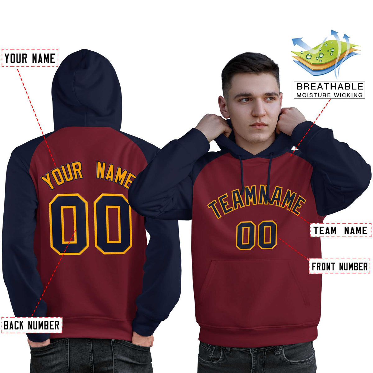 Custom Stitched Crimson Navy Raglan Sleeves Sports Pullover Sweatshirt Hoodie For Men| KXKSHOP