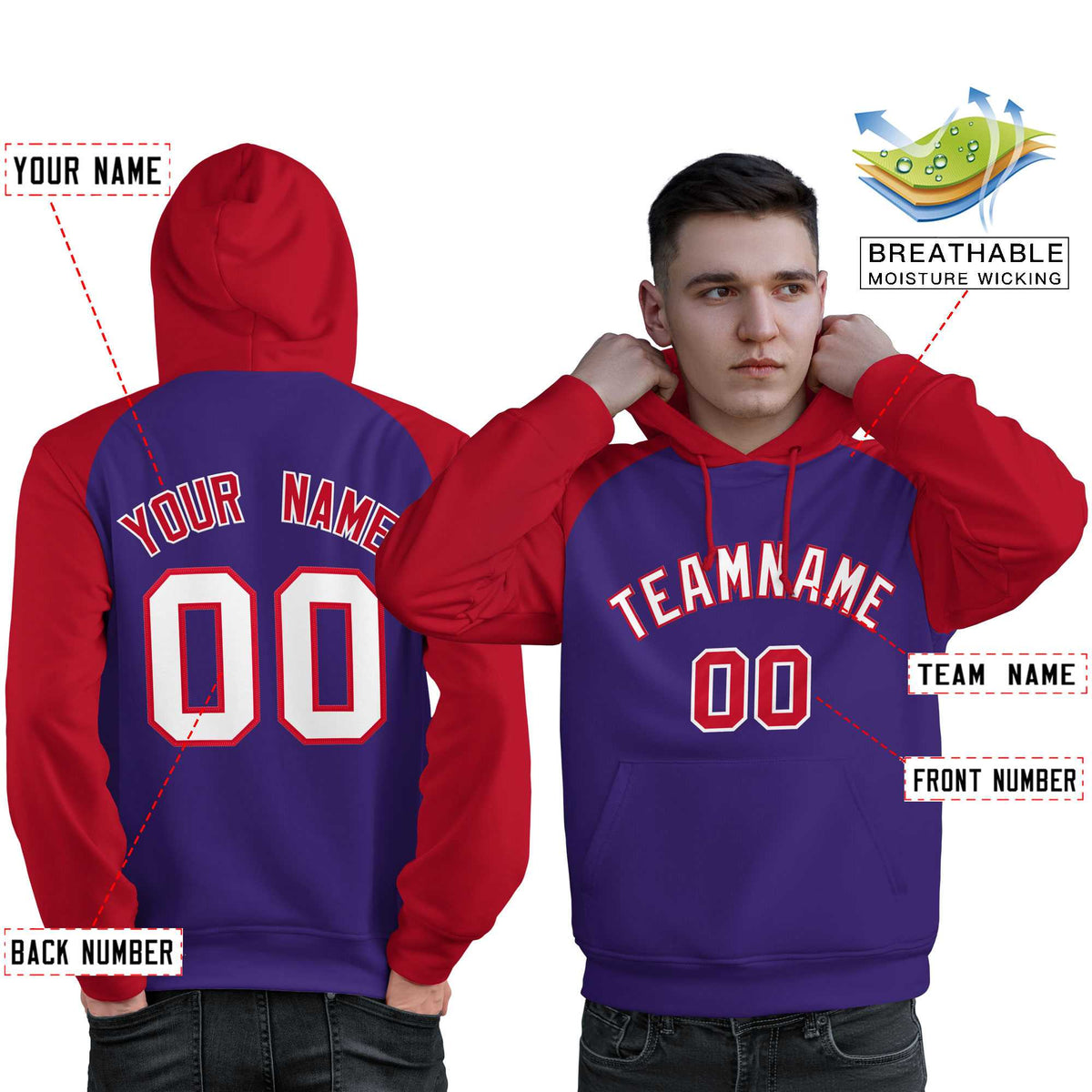 Custom Stitched Purple Red-White Raglan Sleeves Sports Pullover Sweatshirt Hoodie For Men| KXKSHOP