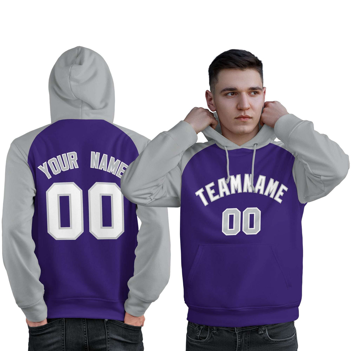 Custom Stitched Purple Gray-White Raglan Sleeves Sports Pullover Sweatshirt Hoodie For Men| KXKSHOP