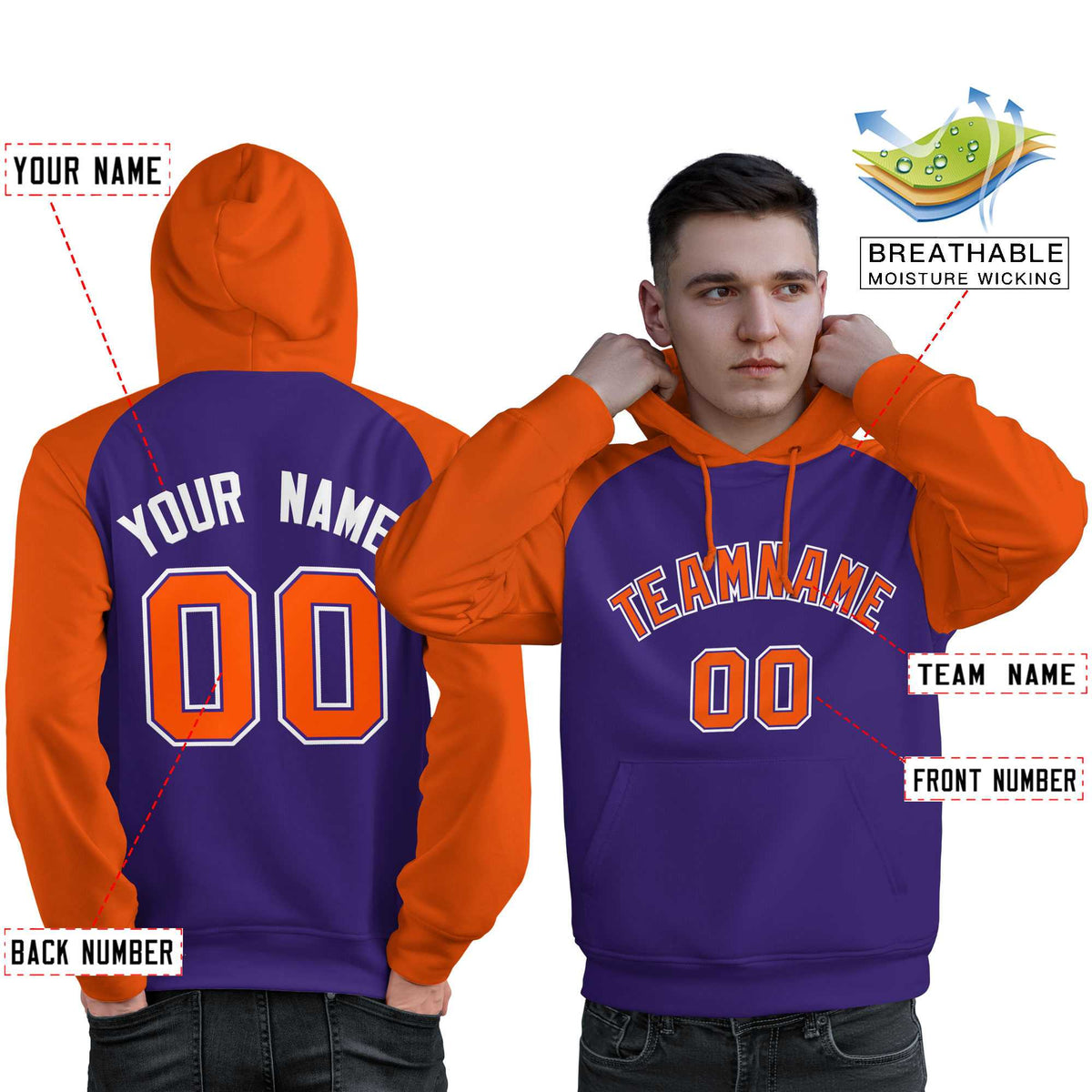 Custom Stitched Purple Orange Raglan Sleeves Sports Pullover Sweatshirt Hoodie For Men| KXKSHOP