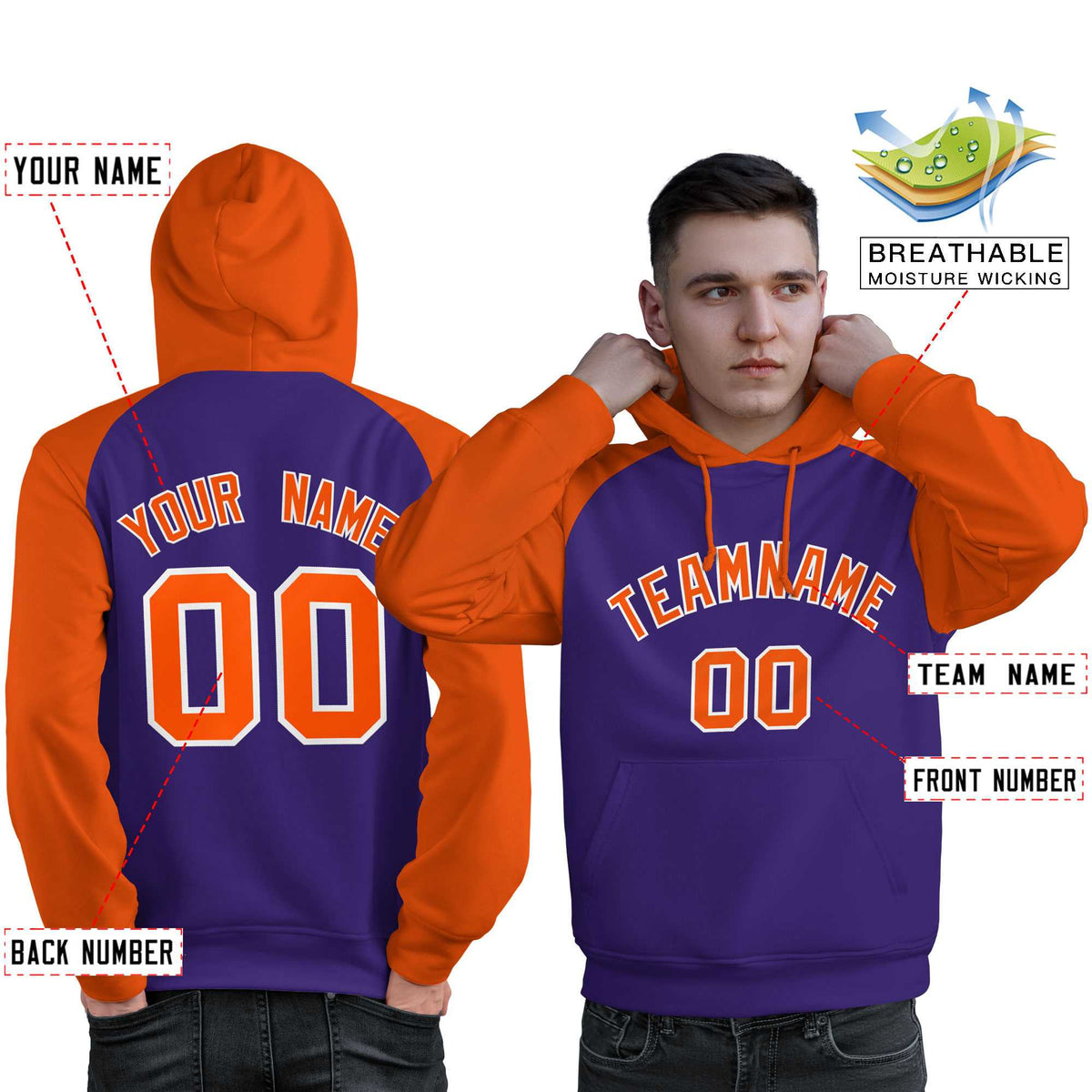 Custom Stitched Purple Orange Raglan Sleeves Sports Pullover Sweatshirt Hoodie For Men| KXKSHOP