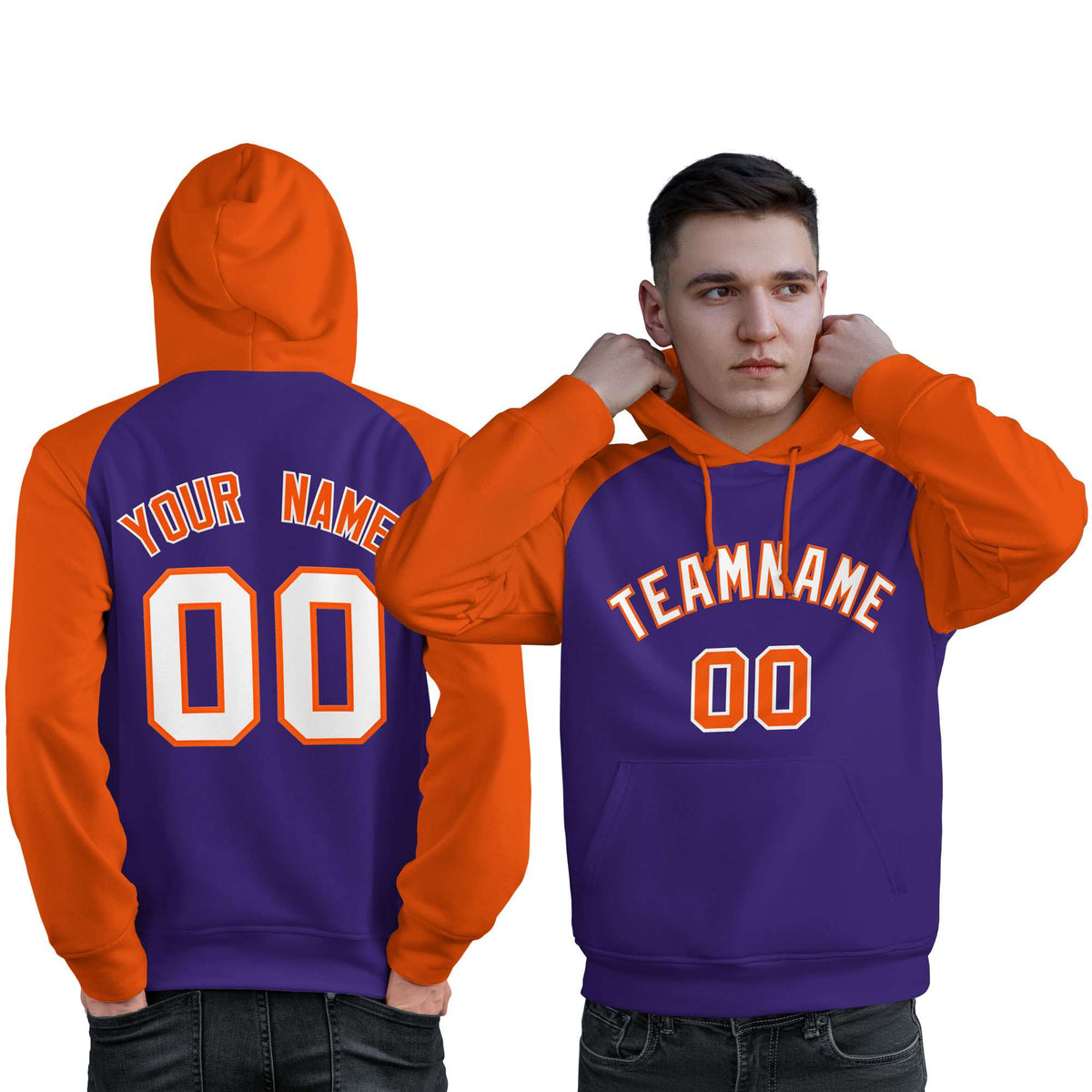Custom Stitched Purple Orange-White Raglan Sleeves Sports Pullover Sweatshirt Hoodie For Men| KXKSHOP