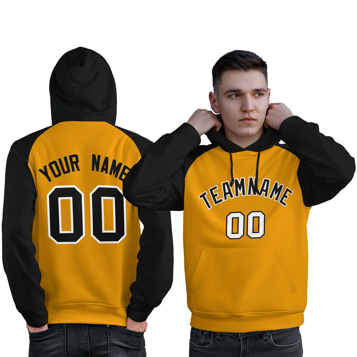 Custom Stitched Gold Black Raglan Sleeves Sports Pullover Sweatshirt Hoodie For Men| KXKSHOP
