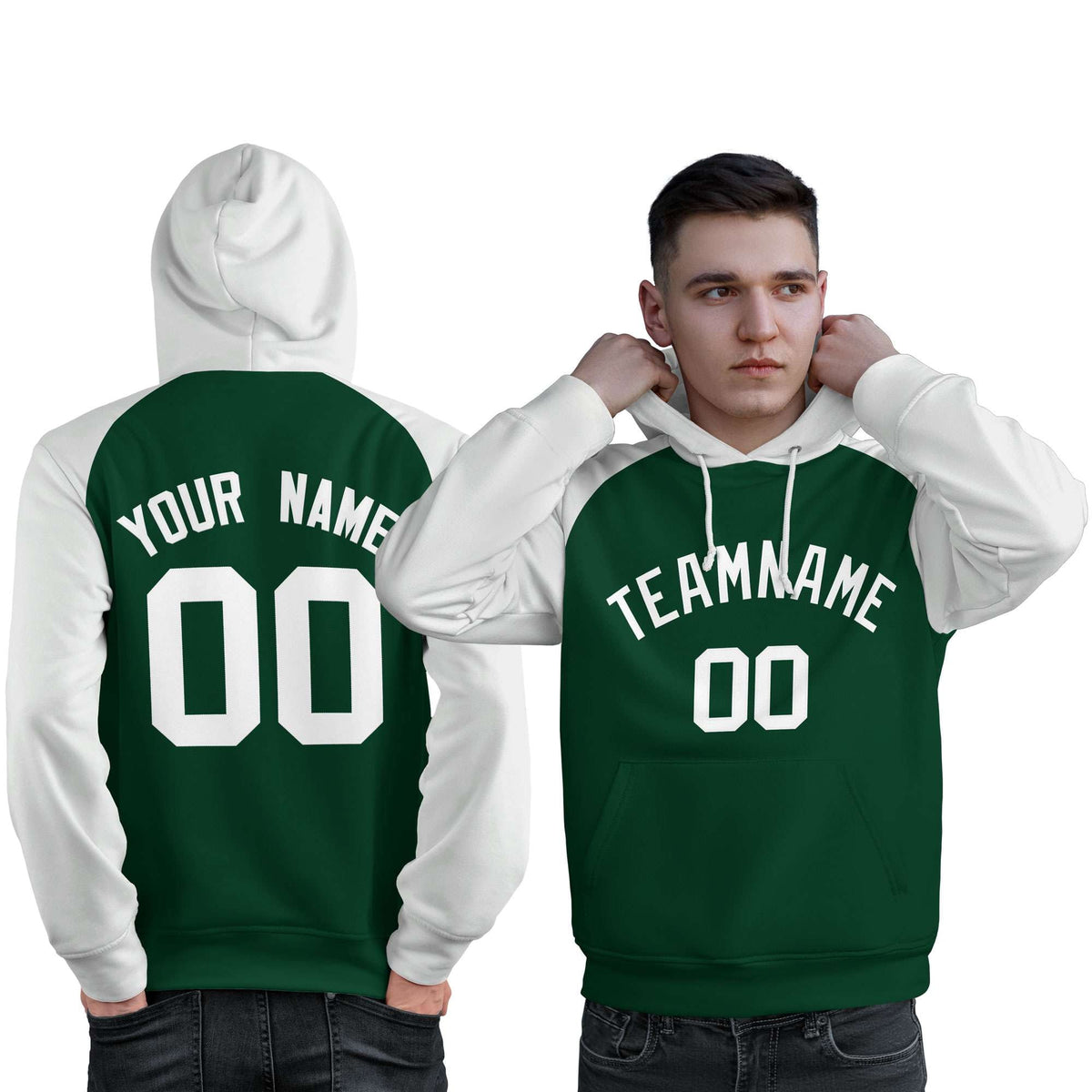 Custom Stitched Green White Raglan Sleeves Sports Pullover Sweatshirt Hoodie For Men| KXKSHOP