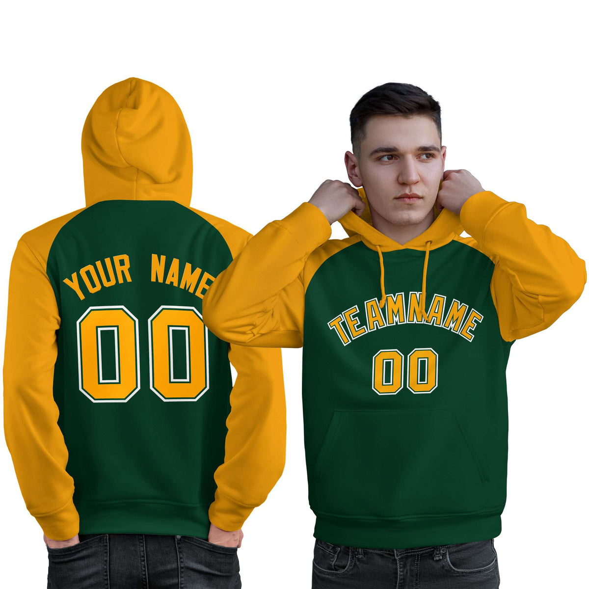 Custom Stitched Green Gold Raglan Sleeves Sports Pullover Sweatshirt Hoodie For Men| KXKSHOP