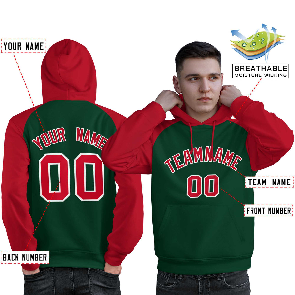 Custom Stitched Green Red Raglan Sleeves Sports Pullover Sweatshirt Hoodie For Men| KXKSHOP