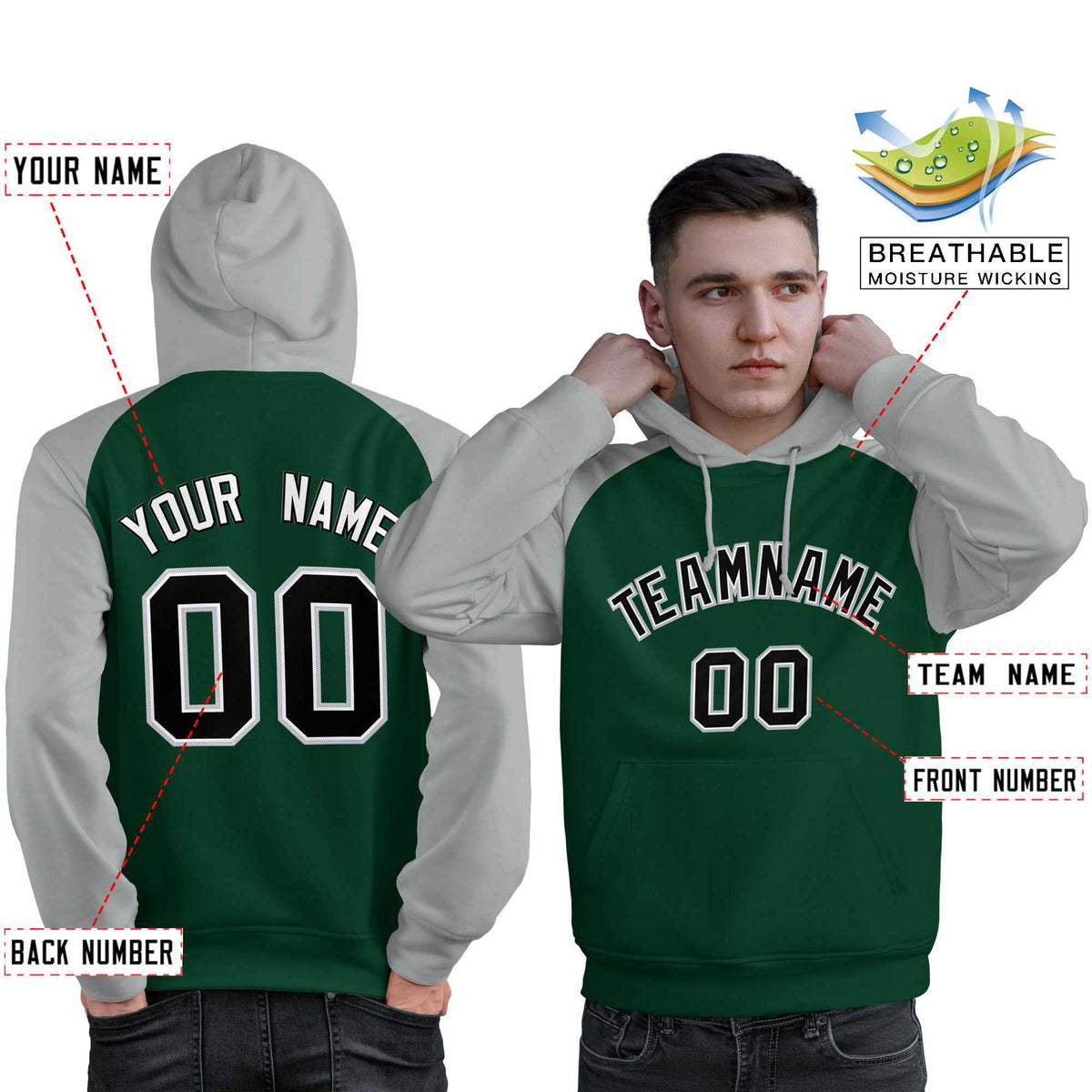 Custom Stitched Green Gray-Black Raglan Sleeves Sports Pullover Sweatshirt Hoodie For Men| KXKSHOP