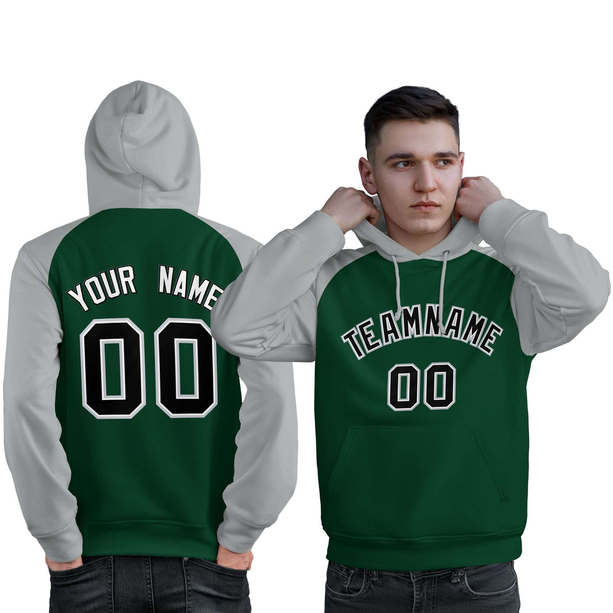 Custom Stitched Green Gray-Black Raglan Sleeves Sports Pullover Sweatshirt Hoodie For Men| KXKSHOP