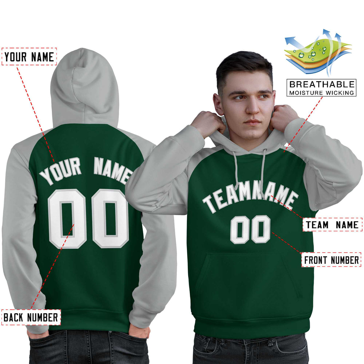 Custom Stitched Green Gray-White Raglan Sleeves Sports Pullover Sweatshirt Hoodie For Men| KXKSHOP