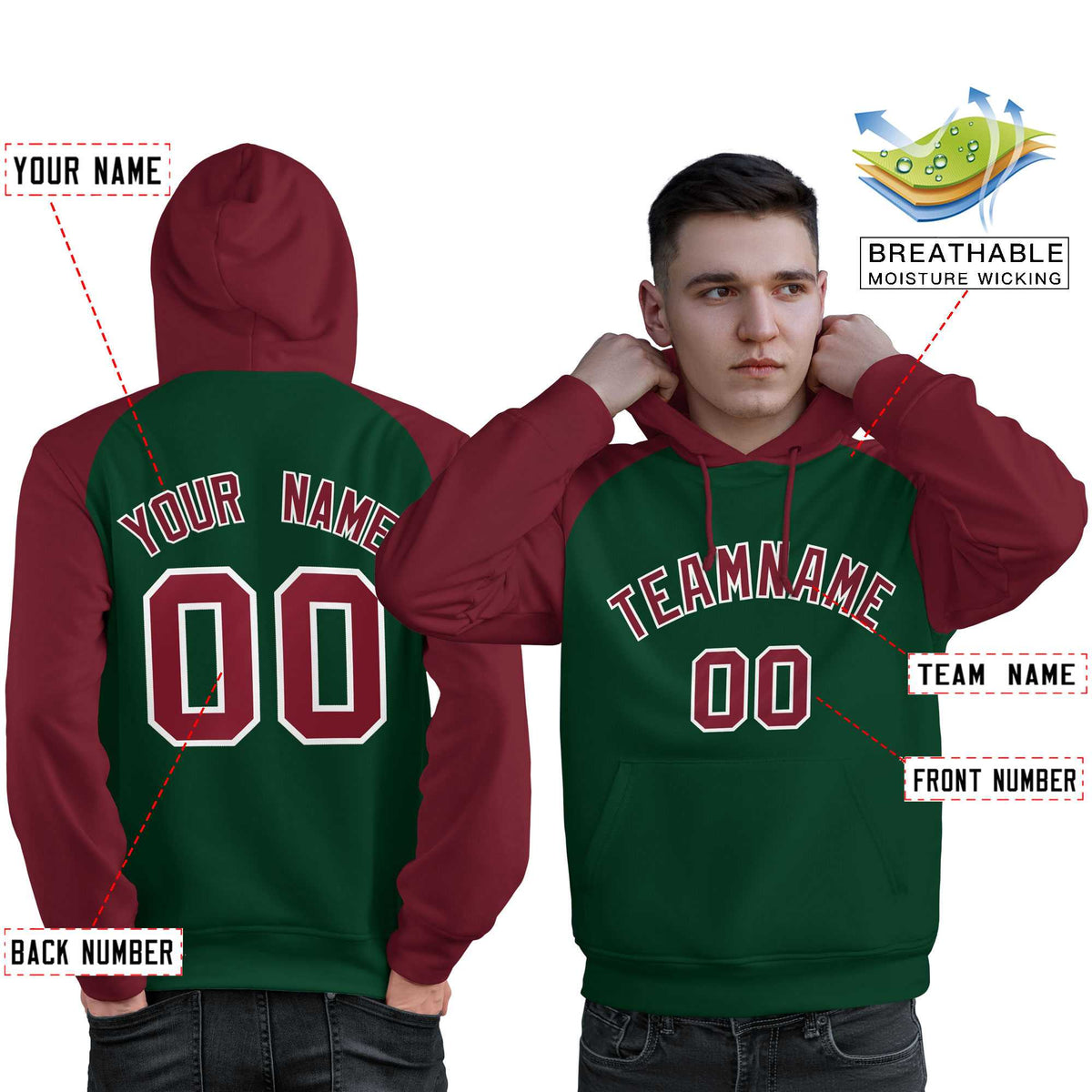 Custom Stitched Green Crimson Raglan Sleeves Sports Pullover Sweatshirt Hoodie For Men| KXKSHOP