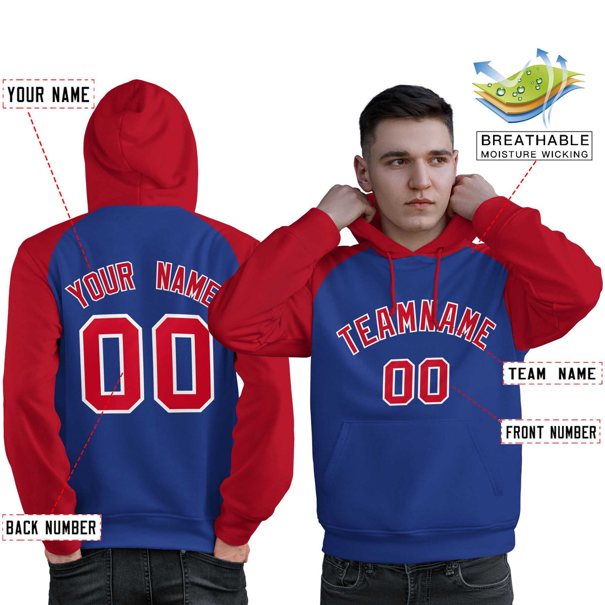 Custom Stitched Royal Red Raglan Sleeves Sports Pullover Sweatshirt Hoodie For Men| KXKSHOP