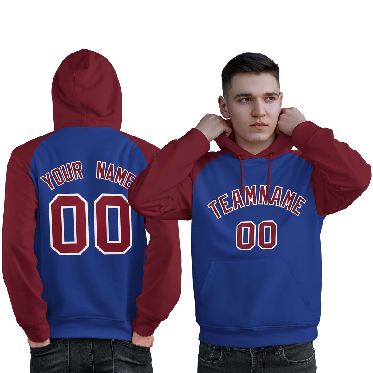 Custom Stitched Royal Crimson Raglan Sleeves Sports Pullover Sweatshirt Hoodie For Men| KXKSHOP