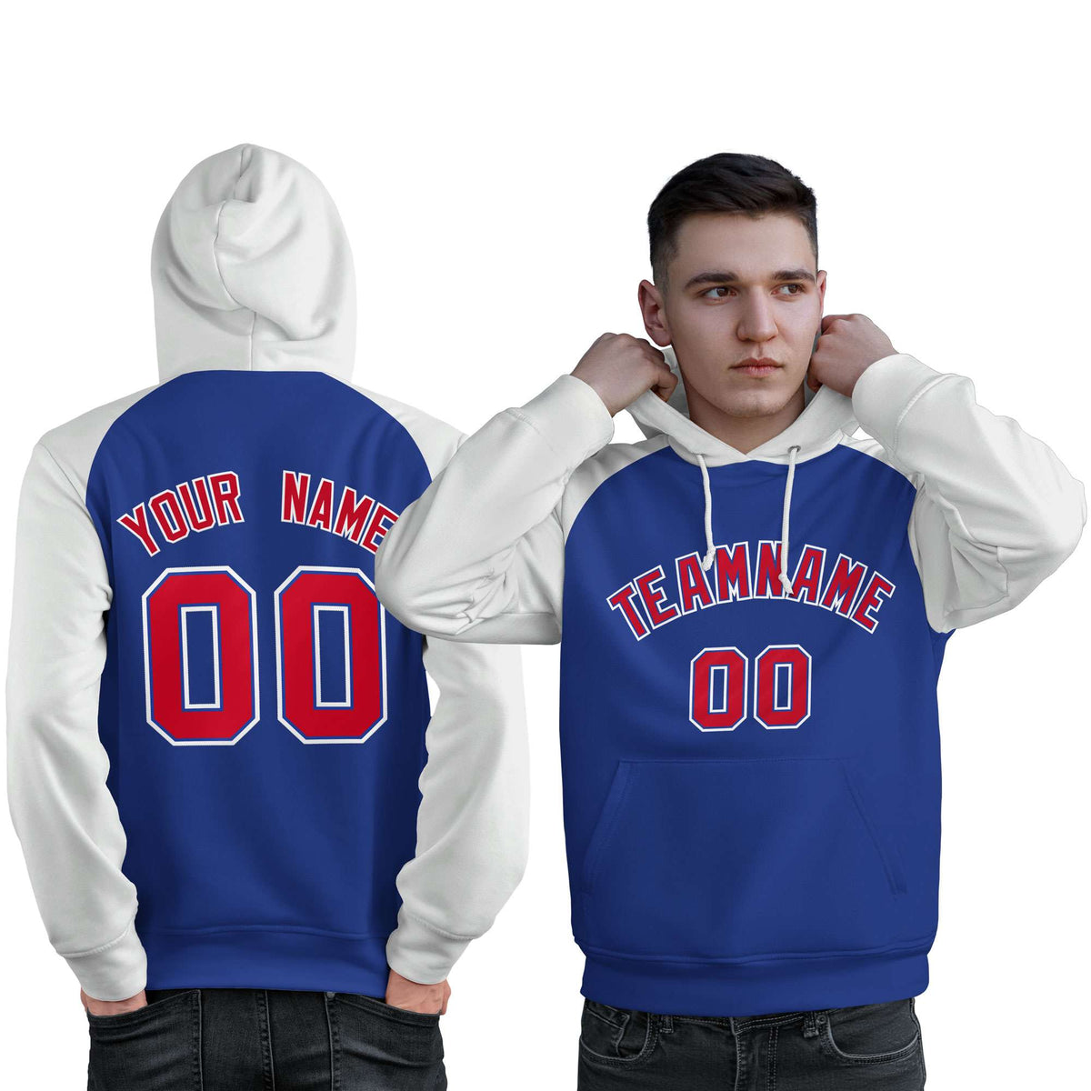 Custom Stitched Royal White-Red Raglan Sleeves Sports Pullover Sweatshirt Hoodie For Men| KXKSHOP