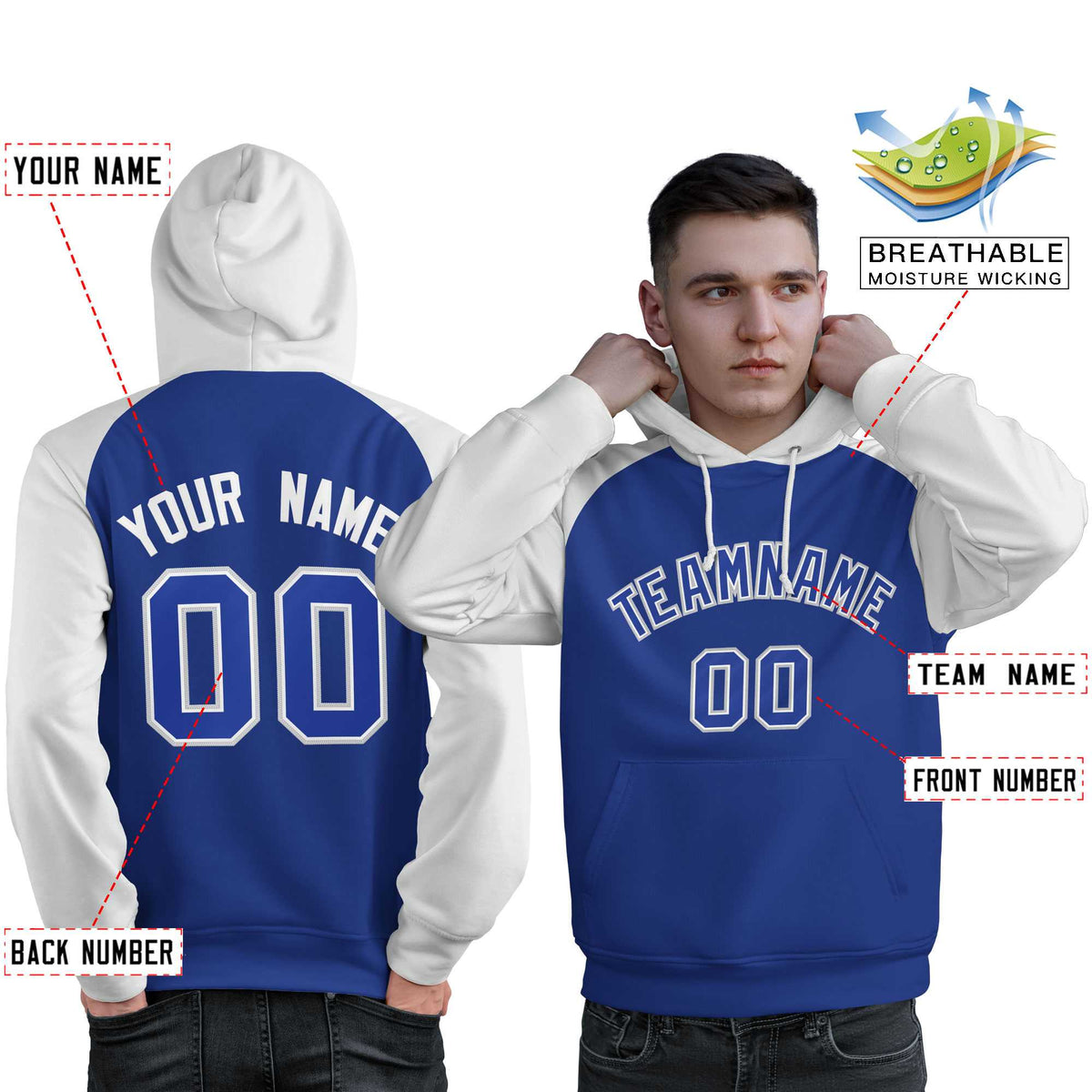 Custom Stitched Royal White Raglan Sleeves Sports Pullover Sweatshirt Hoodie For Men| KXKSHOP