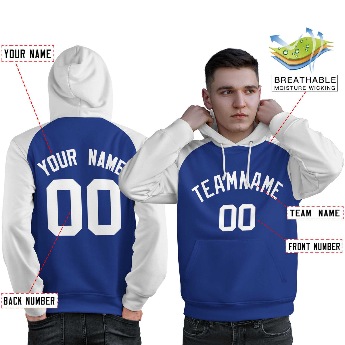 Custom Stitched Royal White Raglan Sleeves Sports Pullover Sweatshirt Hoodie For Men| KXKSHOP