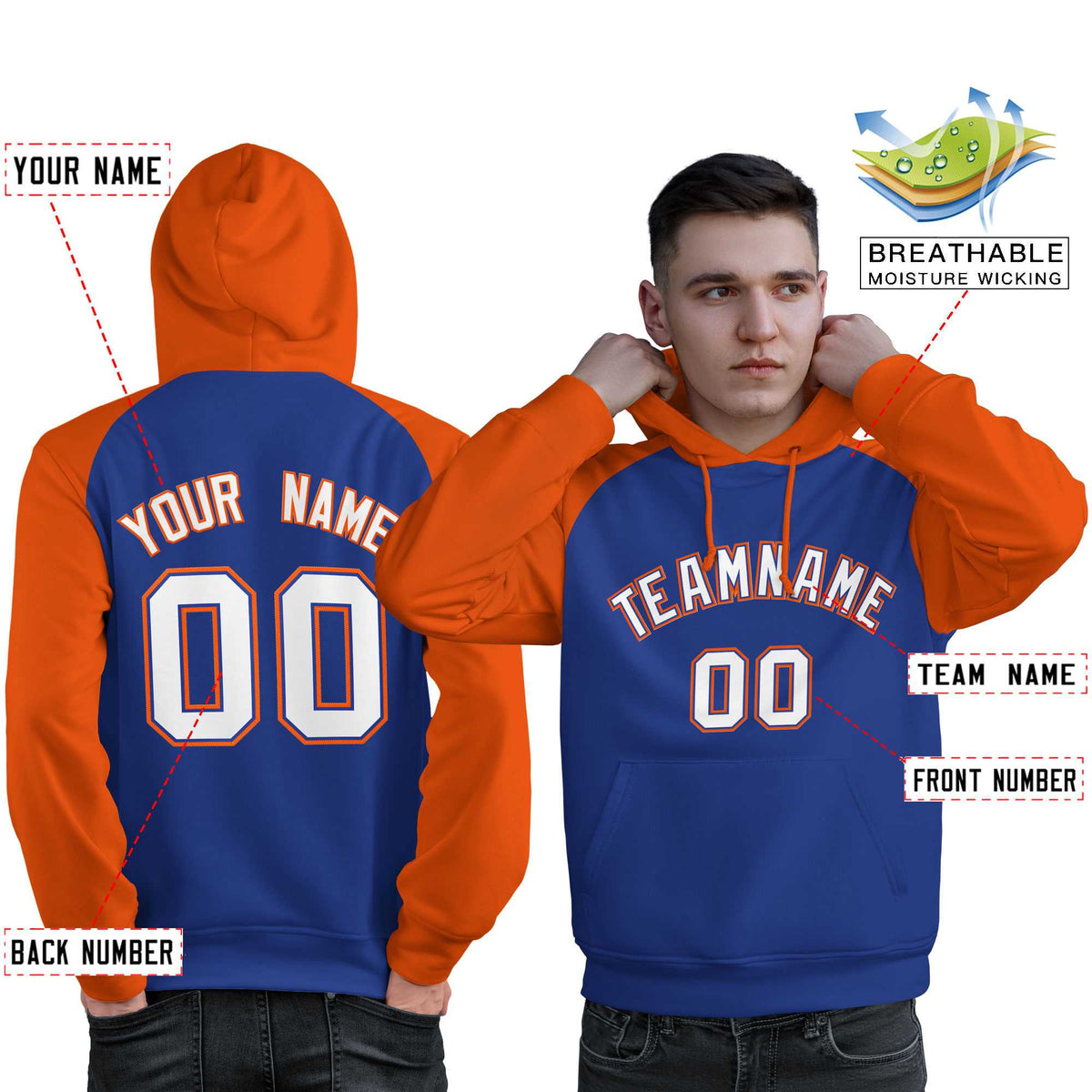 Custom Stitched Royal Orange-White Raglan Sleeves Sports Pullover Sweatshirt Hoodie For Men| KXKSHOP