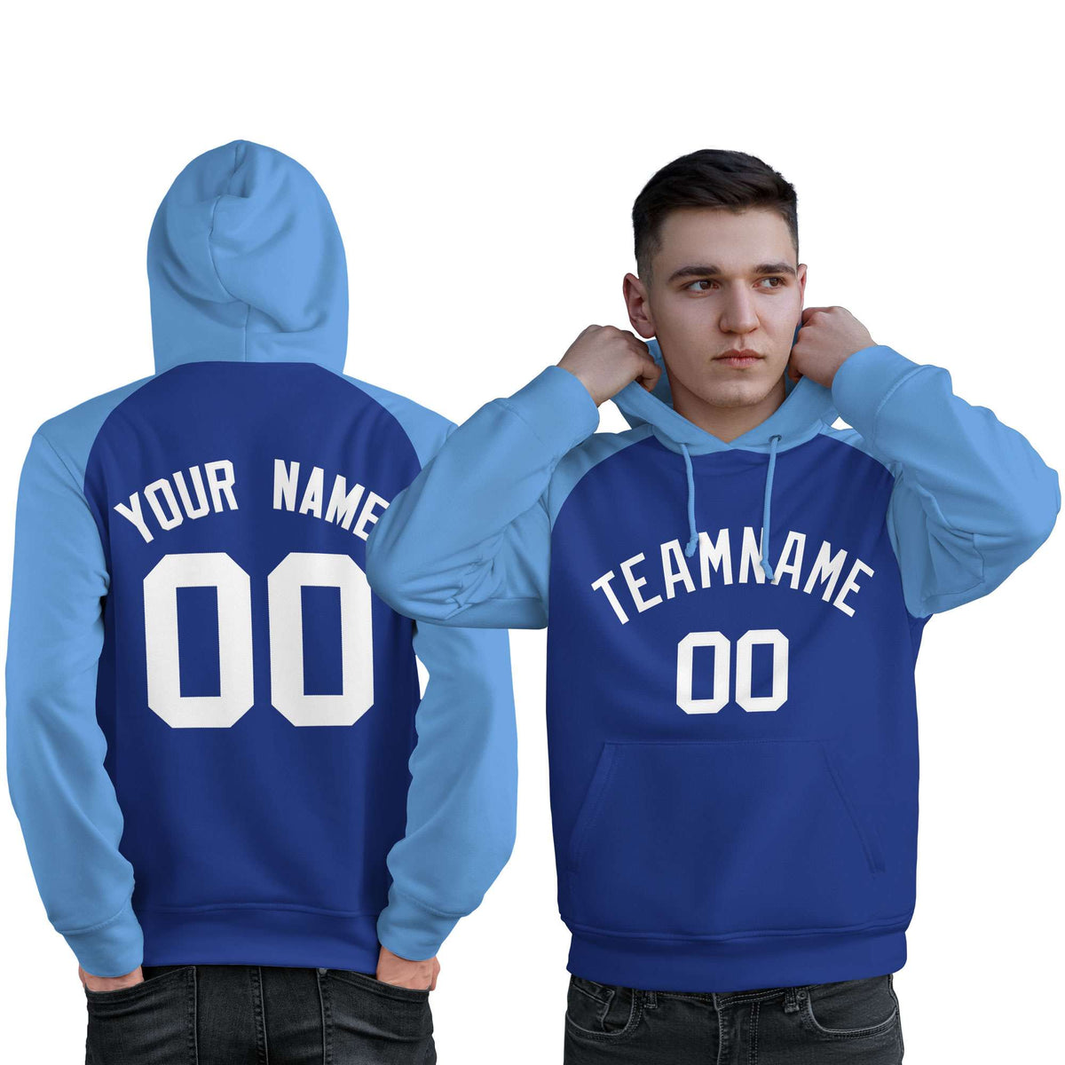 Custom Stitched Royal Powder Blue-White Raglan Sleeves Sports Pullover Sweatshirt Hoodie For Men| KXKSHOP