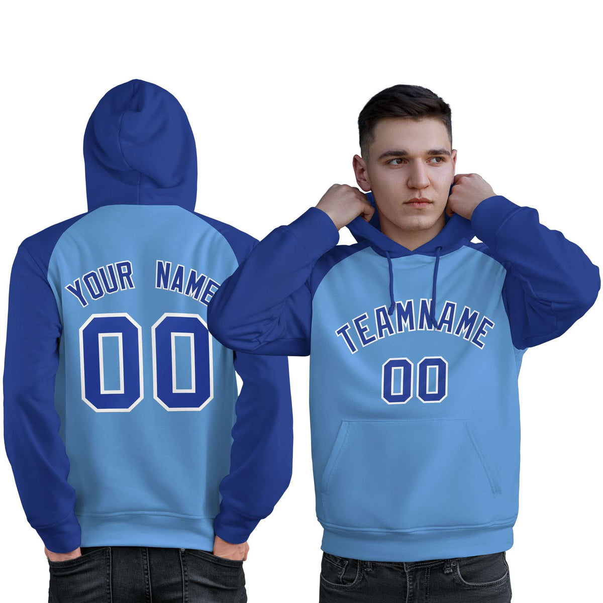 Custom Stitched Powder Blue Royal Raglan Sleeves Sports Pullover Sweatshirt Hoodie For Men| KXKSHOP