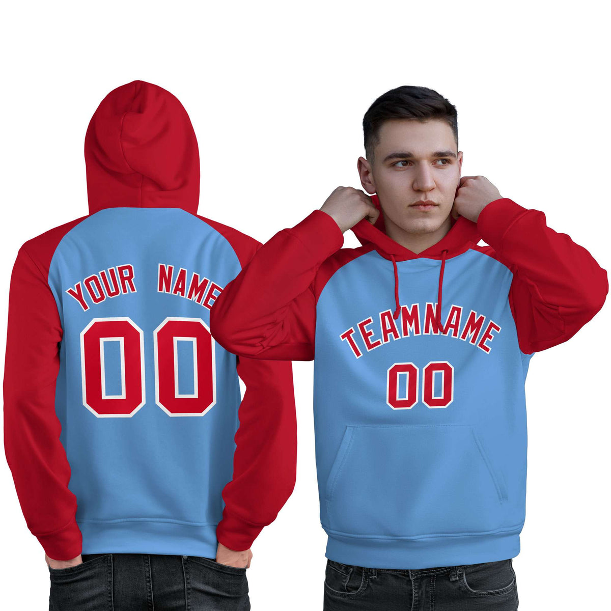 Custom Stitched Powder Blue Red Raglan Sleeves Sports Pullover Sweatshirt Hoodie For Men| KXKSHOP