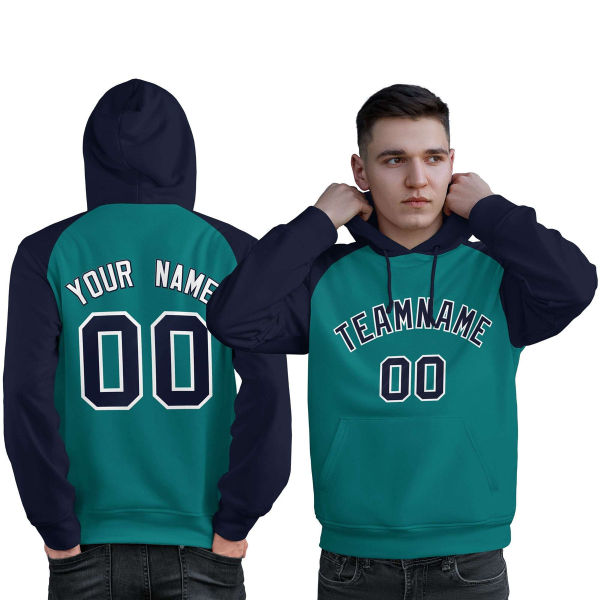 Custom Stitched Aqua Navy Raglan Sleeves Sports Pullover Sweatshirt Hoodie For Men| KXKSHOP