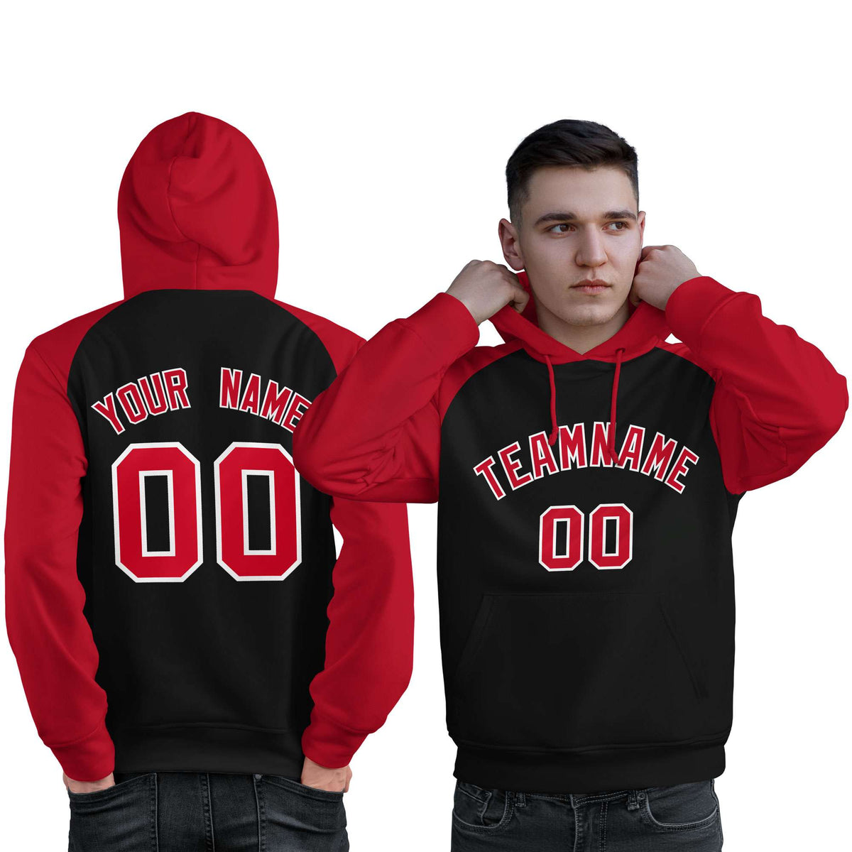 Custom Stitched Black Red Raglan Sleeves Sports Pullover Sweatshirt Hoodie For Men| KXKSHOP