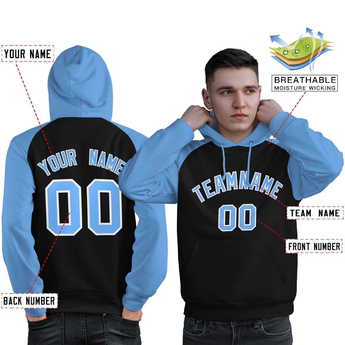 Custom Stitched Black Powder Blue Raglan Sleeves Sports Pullover Sweatshirt Hoodie For Men| KXKSHOP