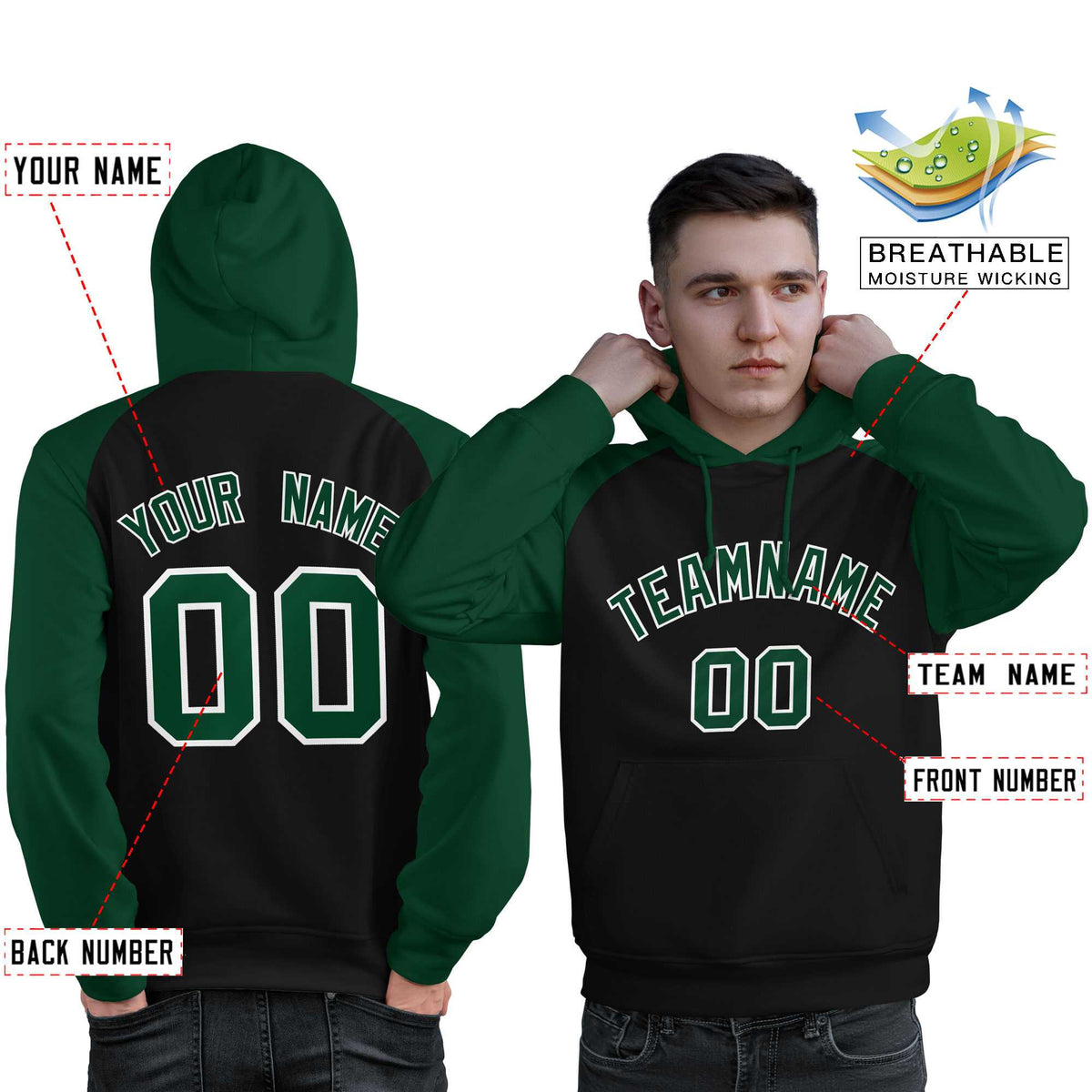 Custom Stitched Black Green Raglan Sleeves Sports Pullover Sweatshirt Hoodie For Men| KXKSHOP