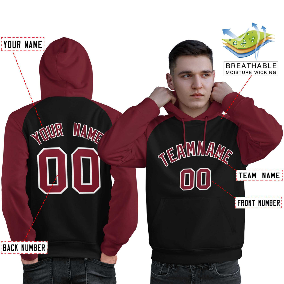 Custom Stitched Black Crimson Raglan Sleeves Sports Pullover Sweatshirt Hoodie For Men| KXKSHOP