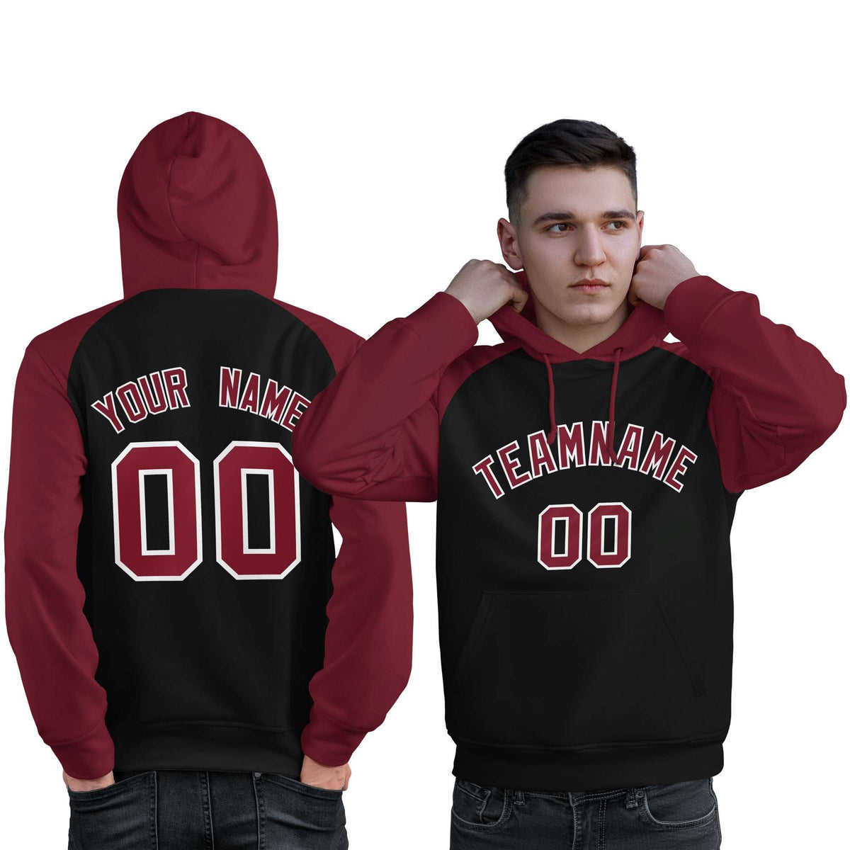 Custom Stitched Black Crimson Raglan Sleeves Sports Pullover Sweatshirt Hoodie For Men| KXKSHOP