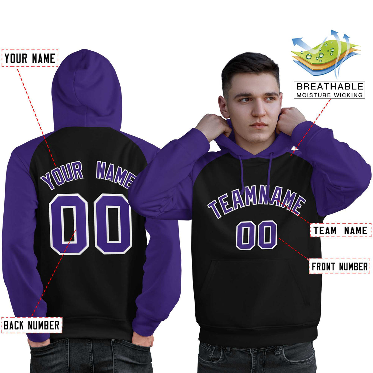 Custom Stitched Black Purple Raglan Sleeves Sports Pullover Sweatshirt Hoodie For Men| KXKSHOP