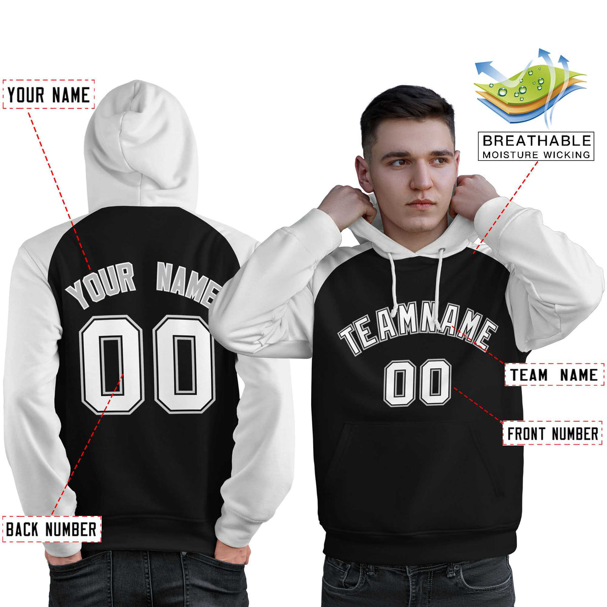 Custom Stitched Black White Raglan Sleeves Sports Pullover Sweatshirt Hoodie For Men| KXKSHOP