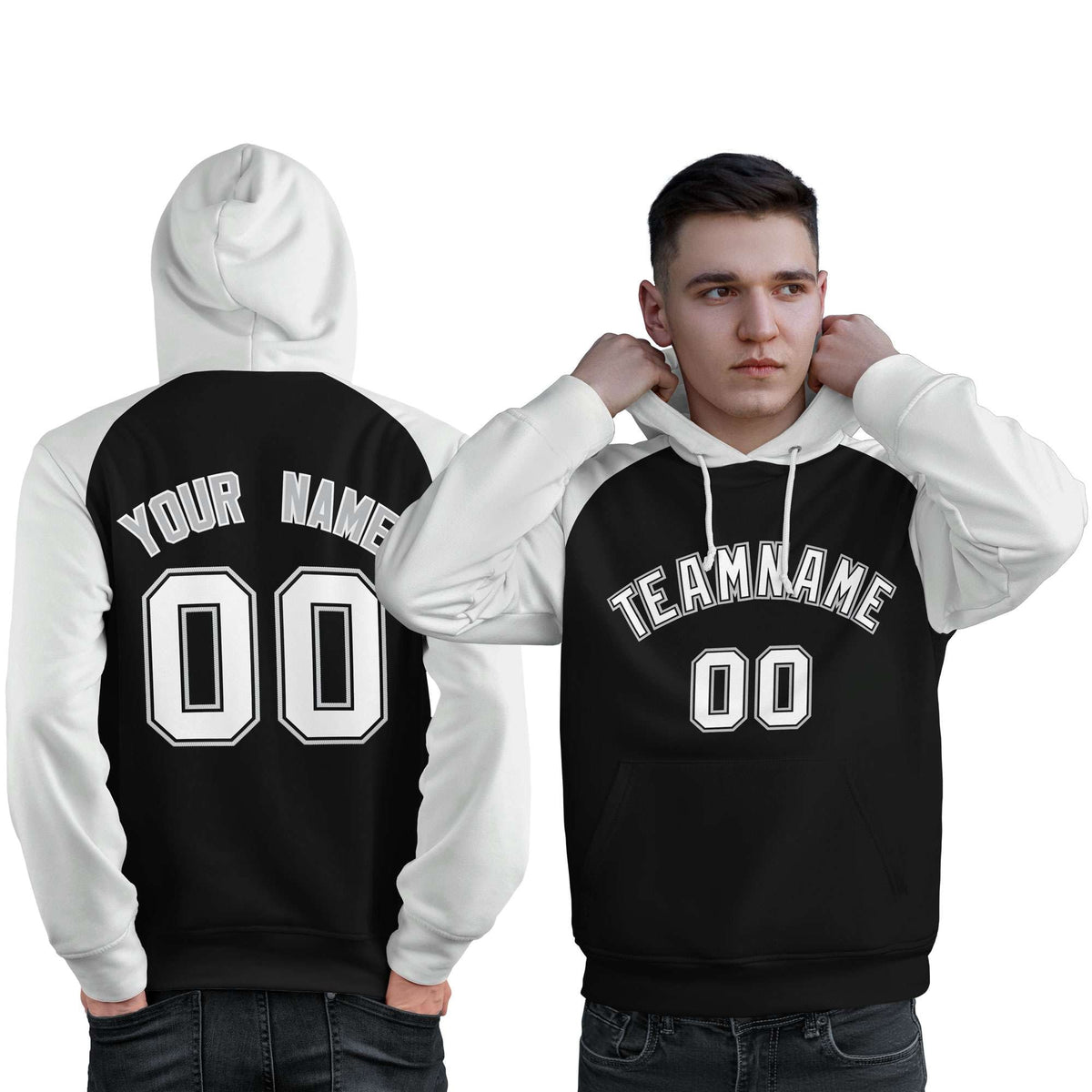 Custom Stitched Black White Raglan Sleeves Sports Pullover Sweatshirt Hoodie For Men| KXKSHOP