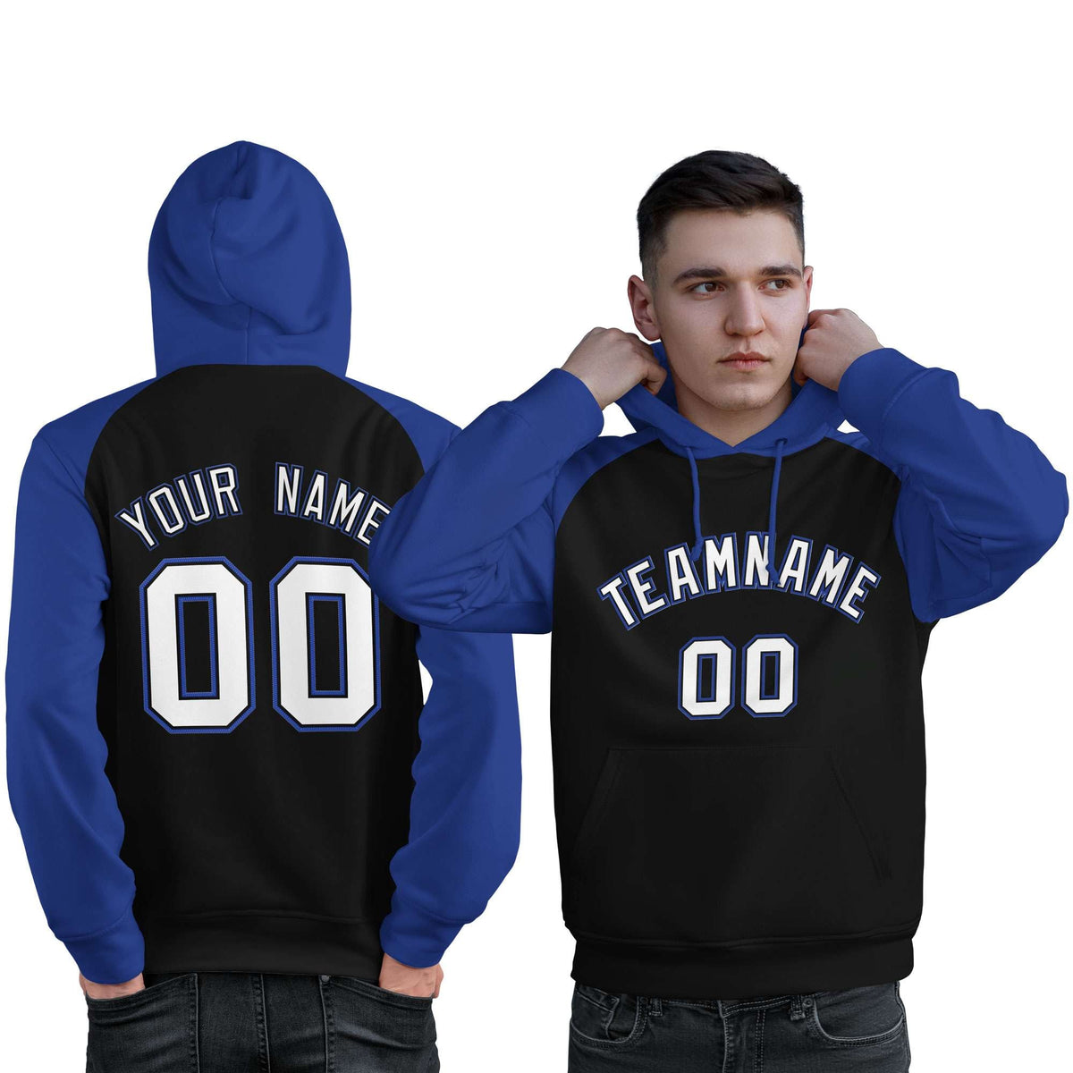 Custom Stitched Black Royal-White Raglan Sleeves Sports Pullover Sweatshirt Hoodie For Men| KXKSHOP