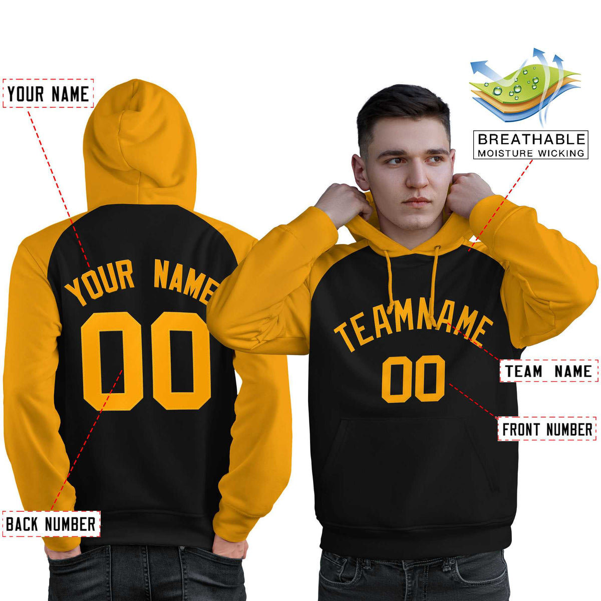 Custom Stitched Black Gold Raglan Sleeves Sports Pullover Sweatshirt Hoodie For Men| KXKSHOP