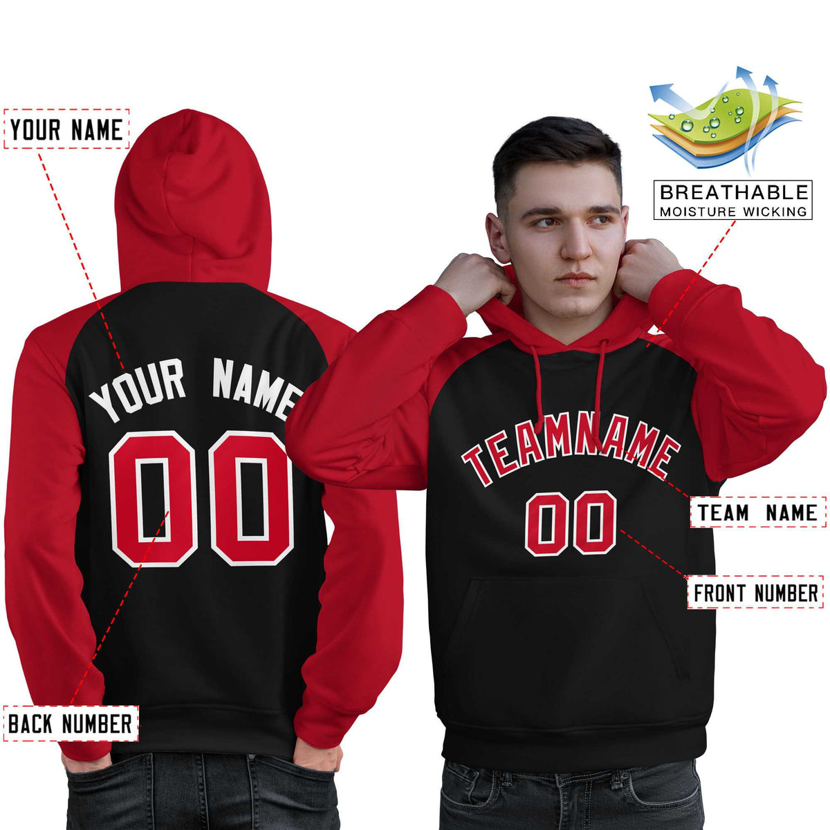 Custom Stitched Black Red Raglan Sleeves Sports Pullover Sweatshirt Hoodie For Men| KXKSHOP