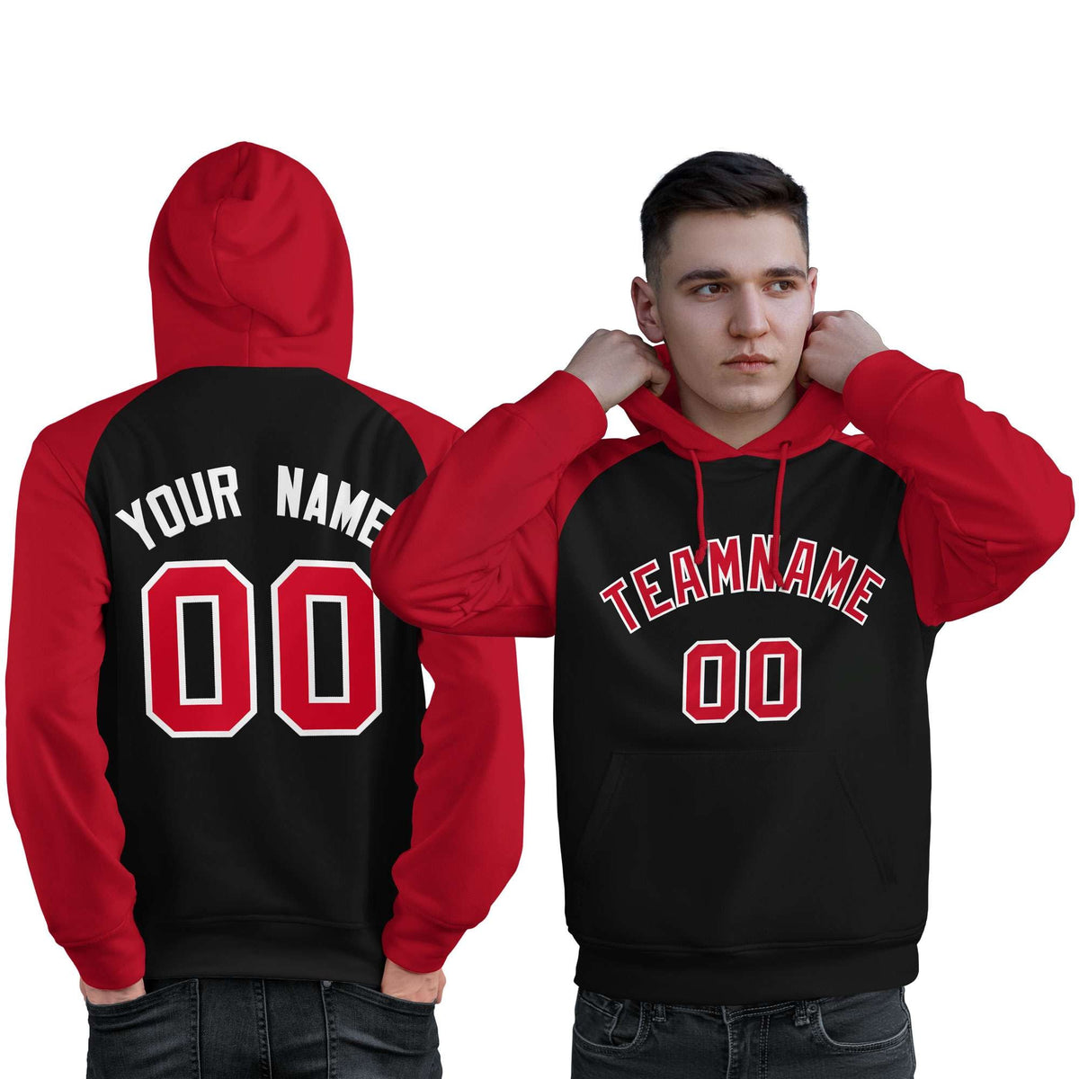 Custom Stitched Black Red Raglan Sleeves Sports Pullover Sweatshirt Hoodie For Men| KXKSHOP