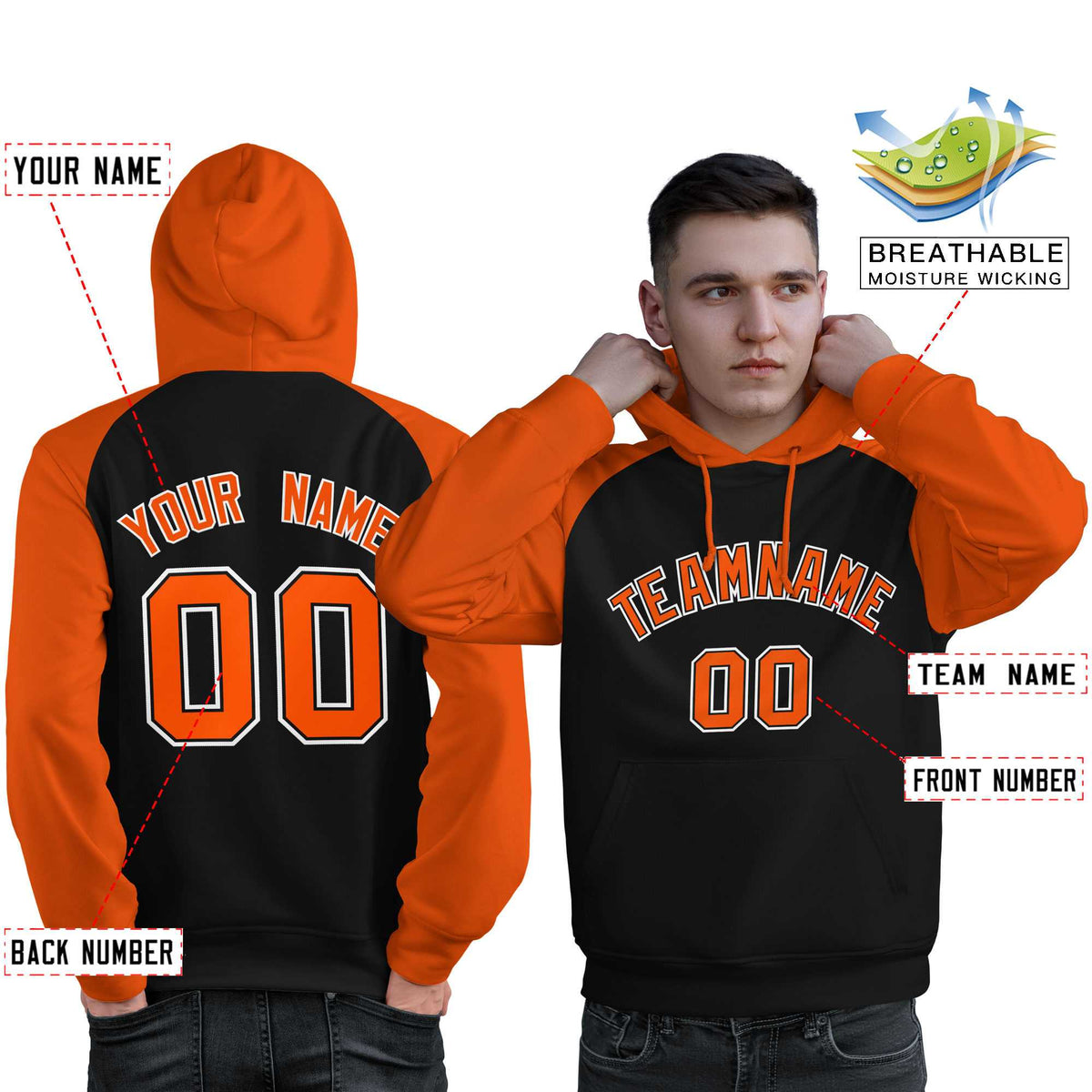 Custom Stitched Black Orange Raglan Sleeves Sports Pullover Sweatshirt Hoodie For Men| KXKSHOP