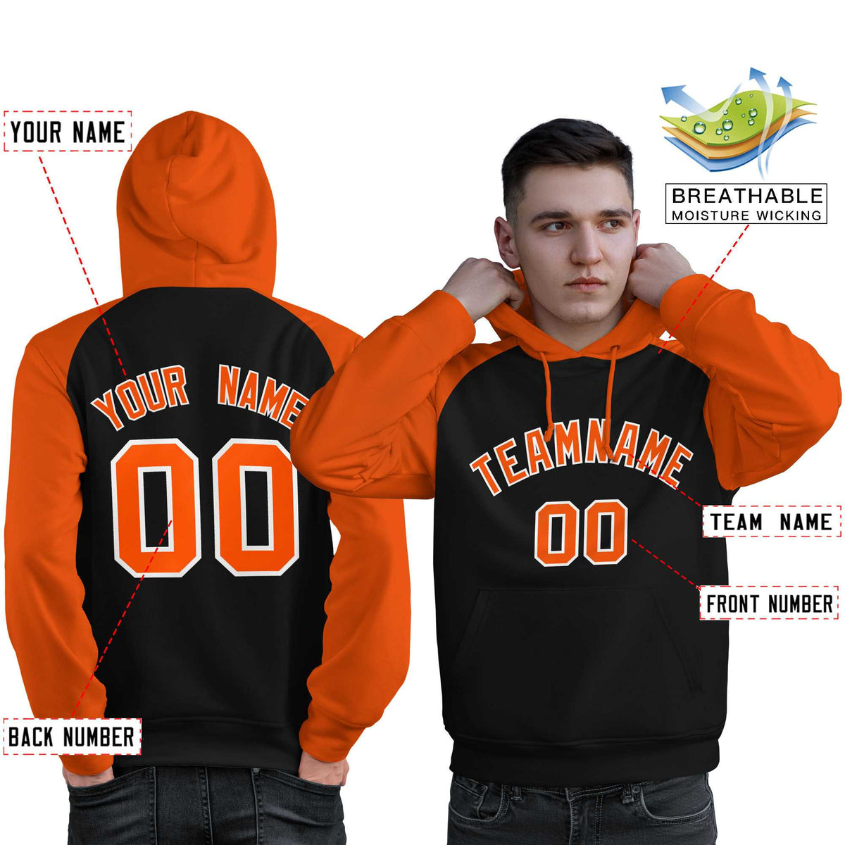 Custom Stitched Black Orange Raglan Sleeves Sports Pullover Sweatshirt Hoodie For Men| KXKSHOP