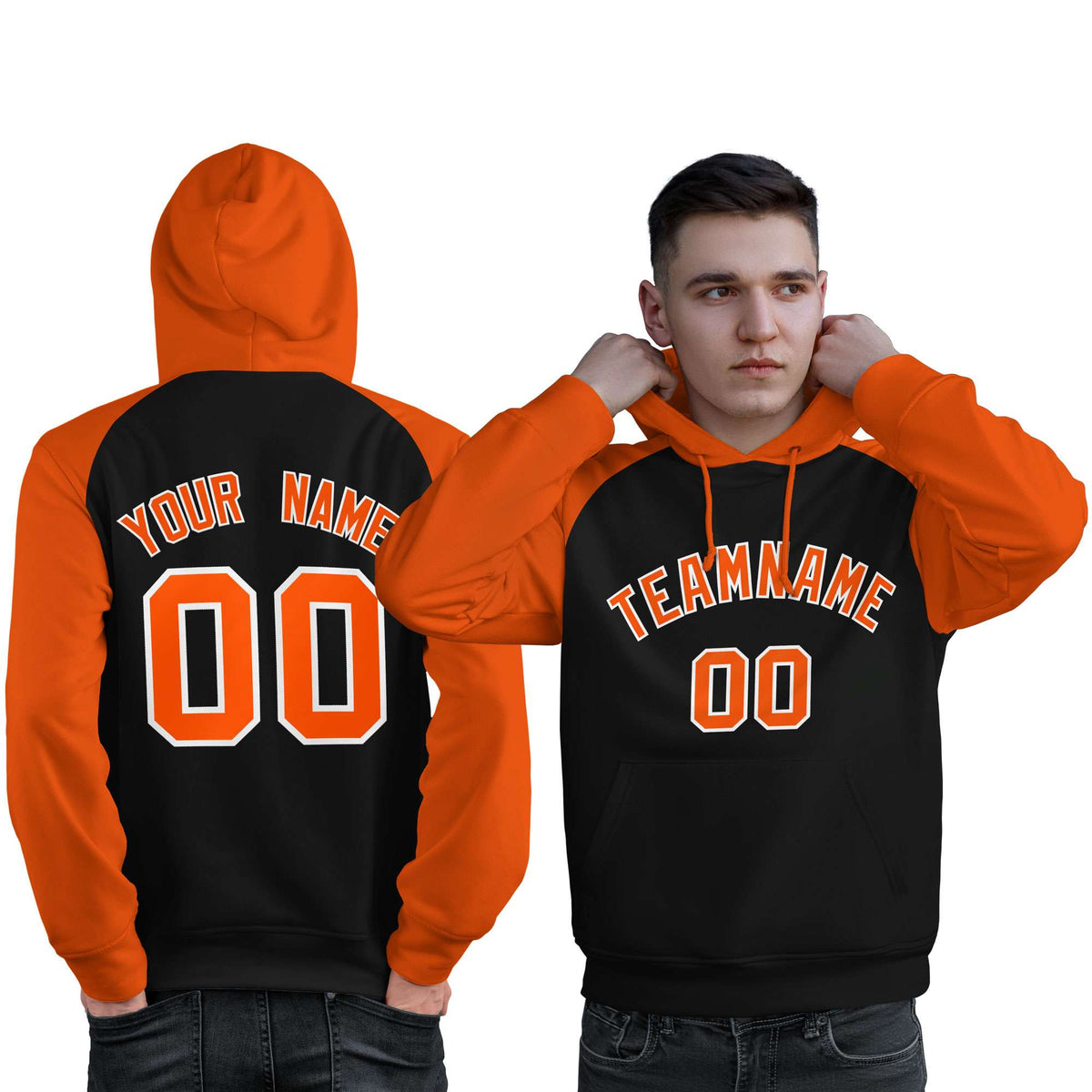 Custom Stitched Black Orange Raglan Sleeves Sports Pullover Sweatshirt Hoodie For Men| KXKSHOP