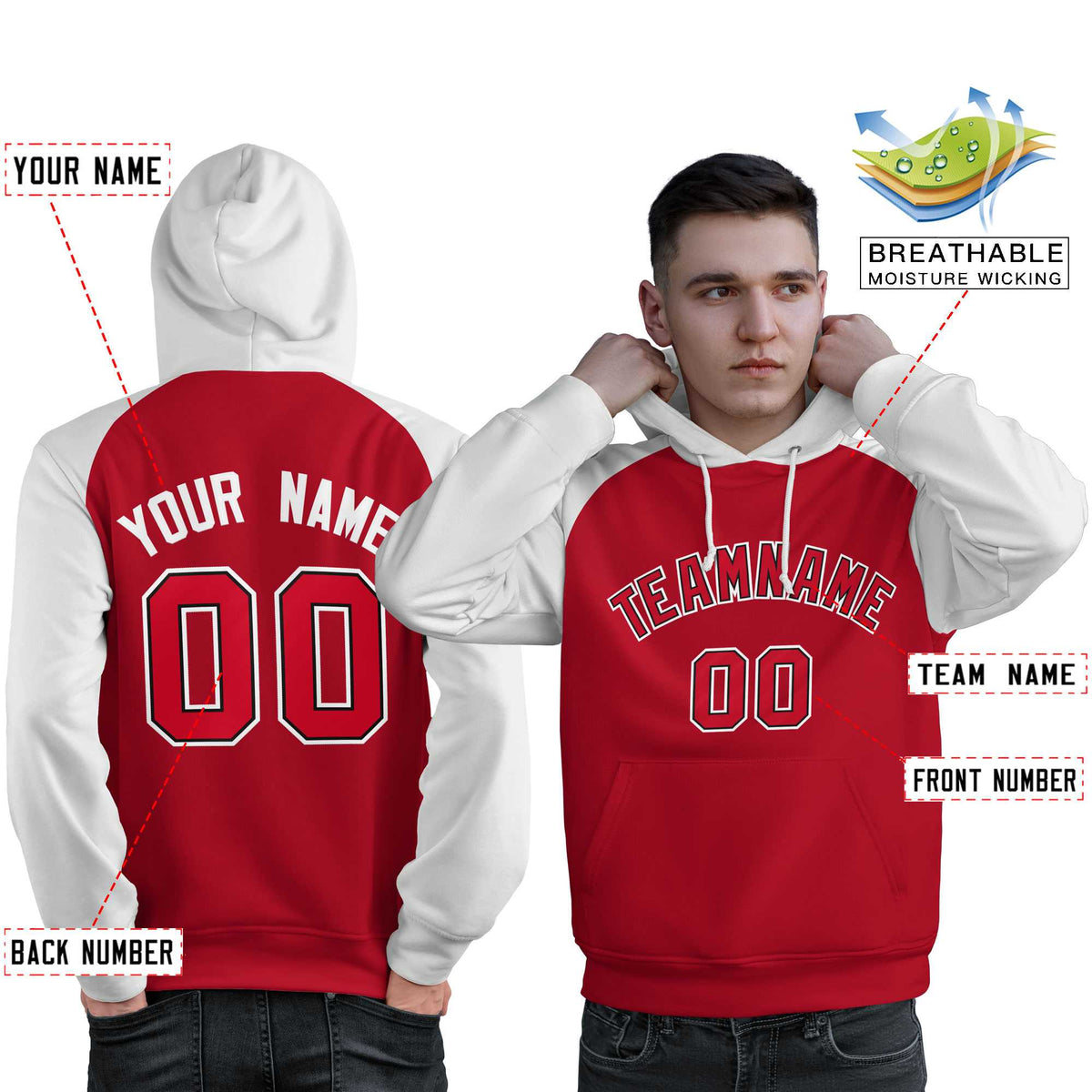 Custom Stitched Red White Raglan Sleeves Sports Pullover Sweatshirt Hoodie For Men| KXKSHOP