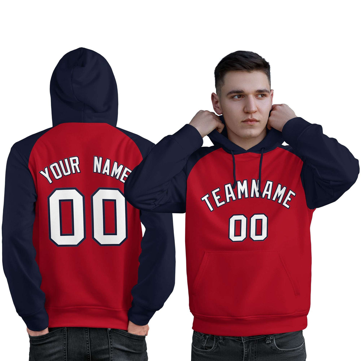 Custom Stitched Red Navy-White Raglan Sleeves Sports Pullover Sweatshirt Hoodie For Men| KXKSHOP