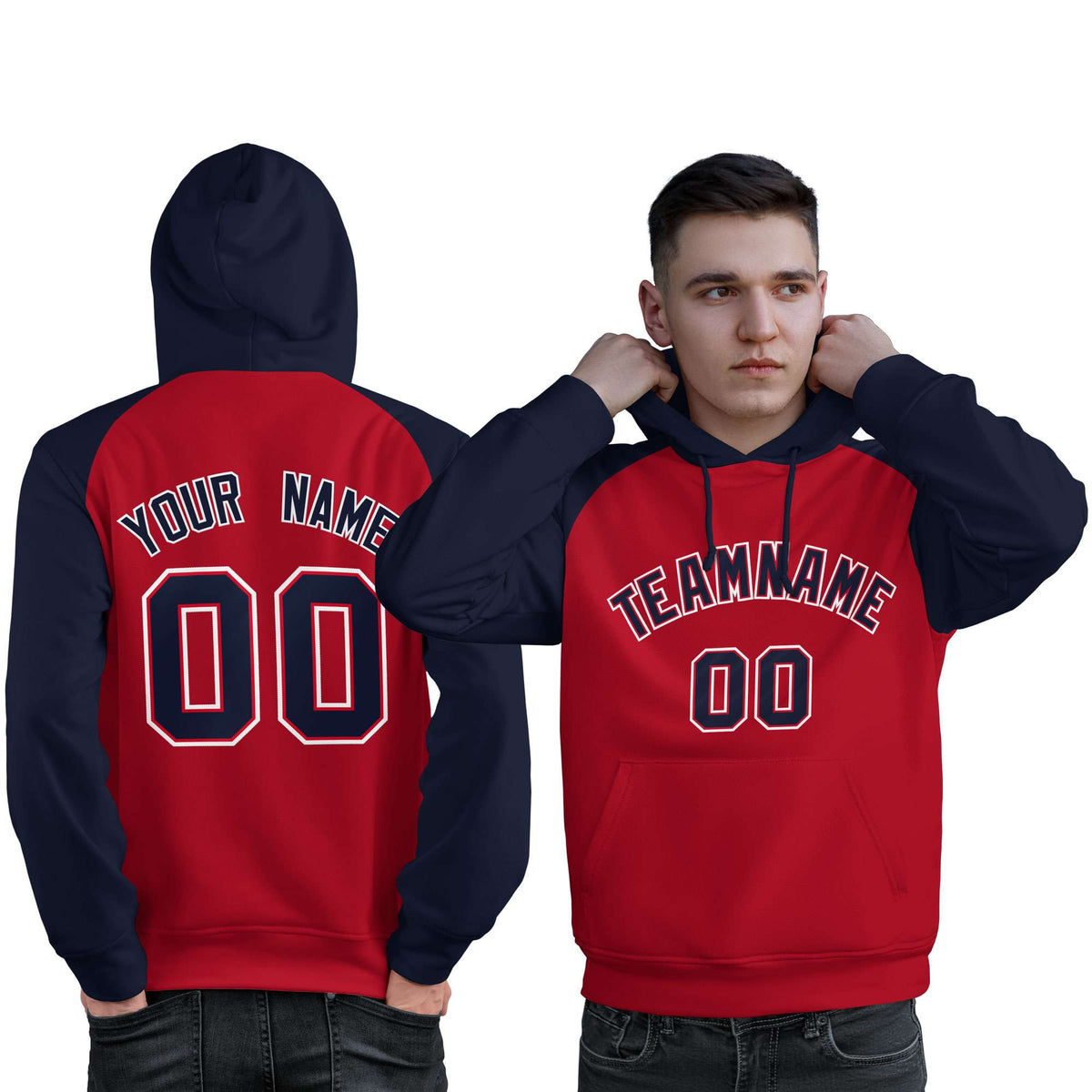 Custom Stitched Red Navy Raglan Sleeves Sports Pullover Sweatshirt Hoodie For Men| KXKSHOP