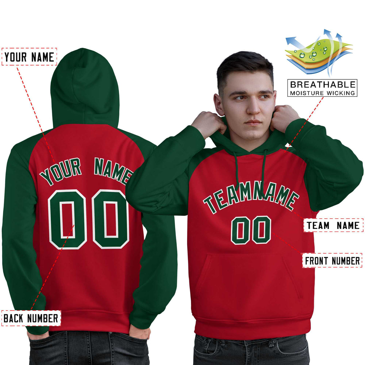 Custom Stitched Red Green Raglan Sleeves Sports Pullover Sweatshirt Hoodie For Men| KXKSHOP