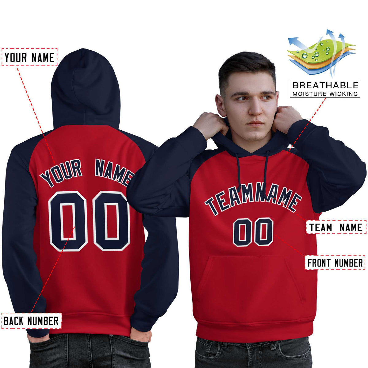 Custom Stitched Red Navy Raglan Sleeves Sports Pullover Sweatshirt Hoodie For Men| KXKSHOP
