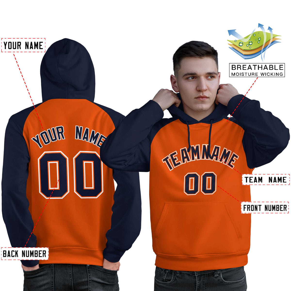 Custom Stitched Orange Navy Raglan Sleeves Sports Pullover Sweatshirt Hoodie For Men| KXKSHOP