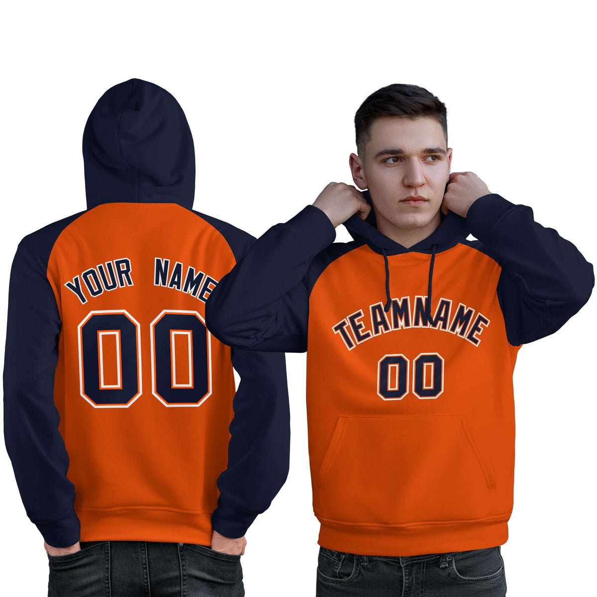 Custom Stitched Orange Navy Raglan Sleeves Sports Pullover Sweatshirt Hoodie For Men| KXKSHOP
