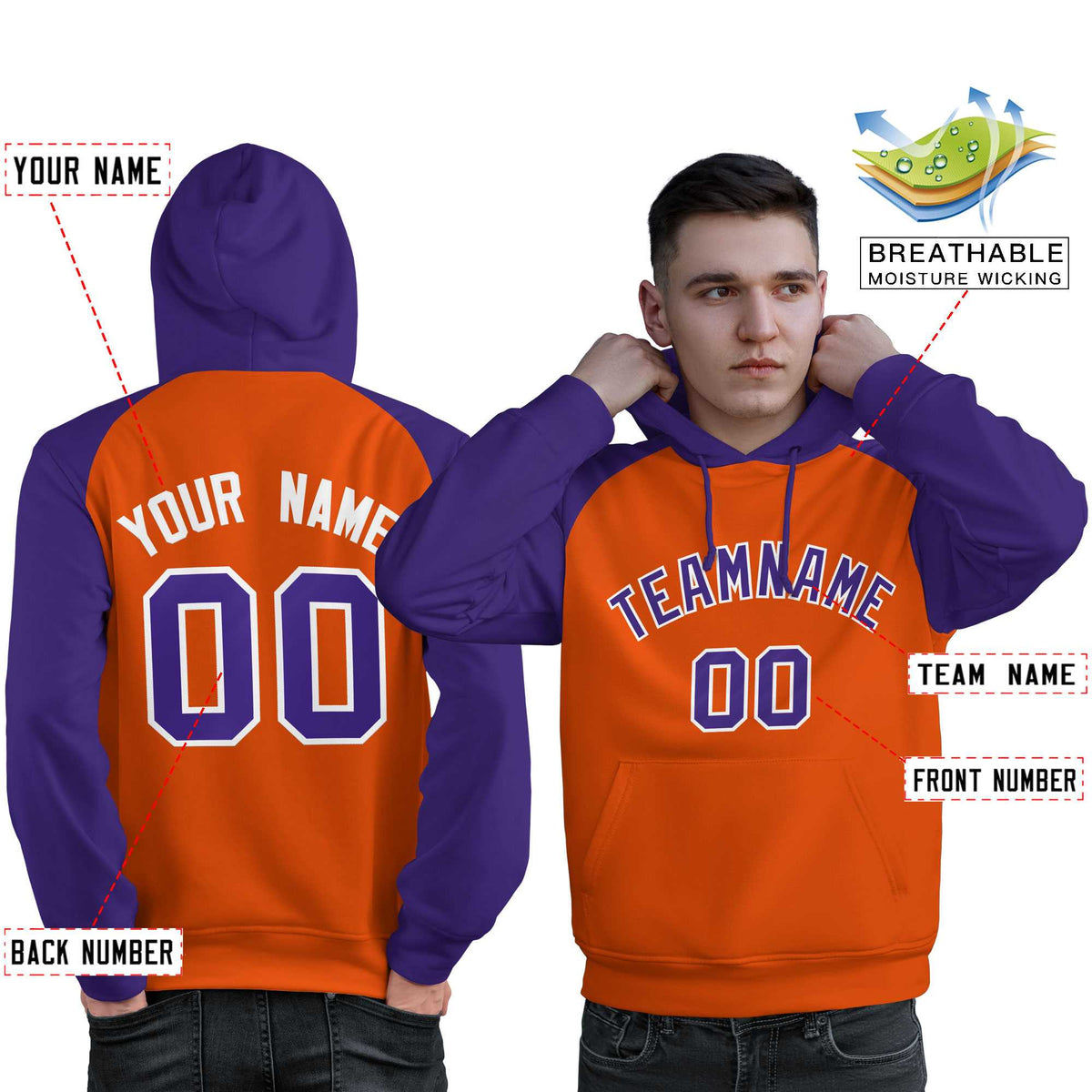 Custom Stitched Orange Purple Raglan Sleeves Sports Pullover Sweatshirt Hoodie For Men| KXKSHOP